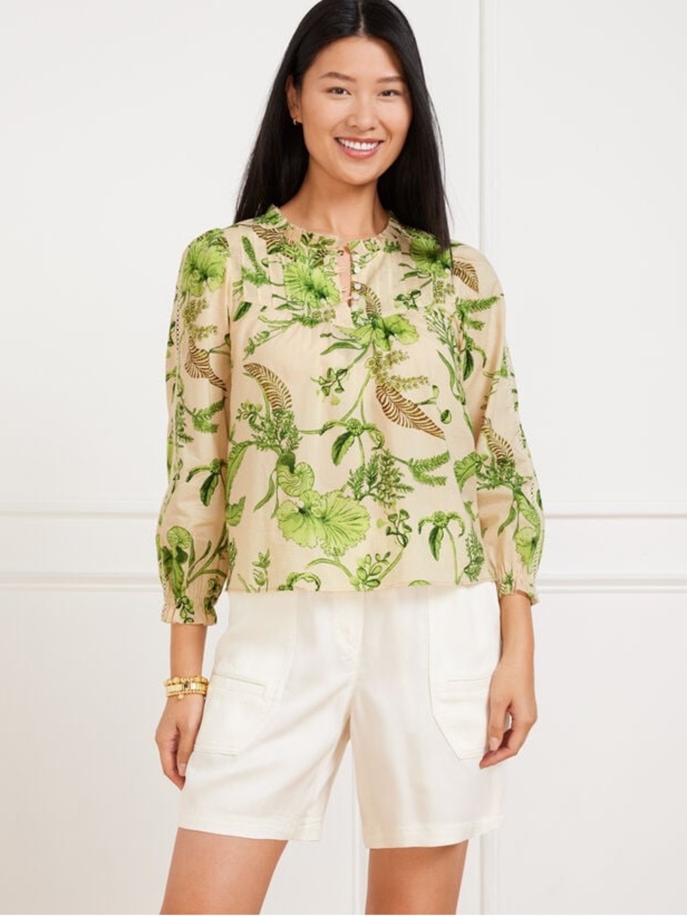 Talbots Lace Trim Pintuck Top Branching Floral‎ XS Tropical Romantic 3/4 Sleeve